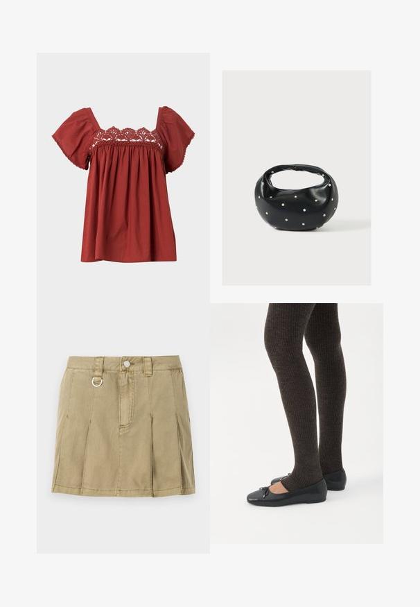 Rød bomuldsbluse med korte, flagrende ærmer og blonder detalje langs halsudskæringen. Stoffet har en glat tekstur og en afslappet pasform.; Lys olivengrøn denimskørt med fire knivfolder, en frontknaplukning og en metalring detalje på taljen.; Ben iført mørke ribbede leggings kombineret med sorte balletsko med små sløjfedetaljer på hvid baggrund.; Sort læderhåndtaske med en rundet form, dekoreret med sølvnitter, og et kort håndtag. Glat tekstur og lynlåslukning.