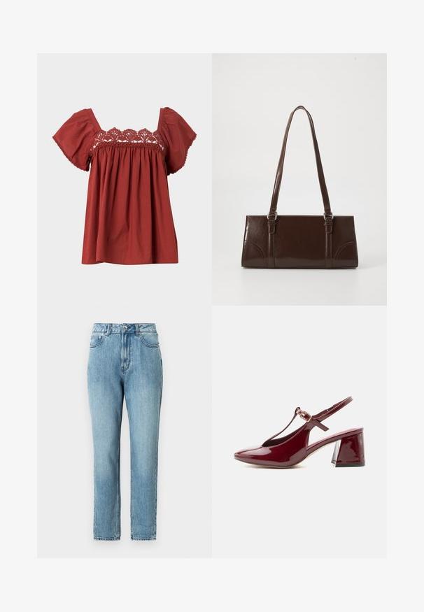 Punane puuvillane topp lühikeste laienevate varrukatega ja pitsdetailidega kaeluses. Kangas on sileda tekstuuriga ja vabalt istuv.; TOM TAILOR DENIM Mom jeans - clean mid stone blue denim; Läikiv burgundia värvi naiste slingback-tald king kontsaga, terava varbaosaga ja T-rihmaga, millel on kuldne pandlaga kinnis.; Pruun läikiv naha käekott, millel on ristkülikuline kuju, kaks pikka käepidet ja esipaneelil peened kõverad aktsendid.