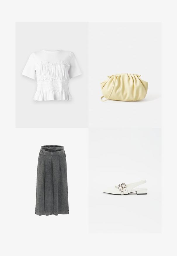 Hvid kortærmet top med en rynket, smocket bodice og en udskåret kant, der viser et tekstureret design og en ensfarvet farve.; Grå denimnederdel med plisseringer, elastisk talje, knælang og en tekstureret overflade. Simpelt design uden synlige mønstre eller dekorationer.; Hvide læder slingback sko med spids tå, sølv spænde detaljer og en lav blokhæl. Glat tekstur med minimal dekoration.; Gul plisseret håndtaske lavet af glat kunstlæder, med en blød form, en enkelt skulderrem og samlet topdesign.