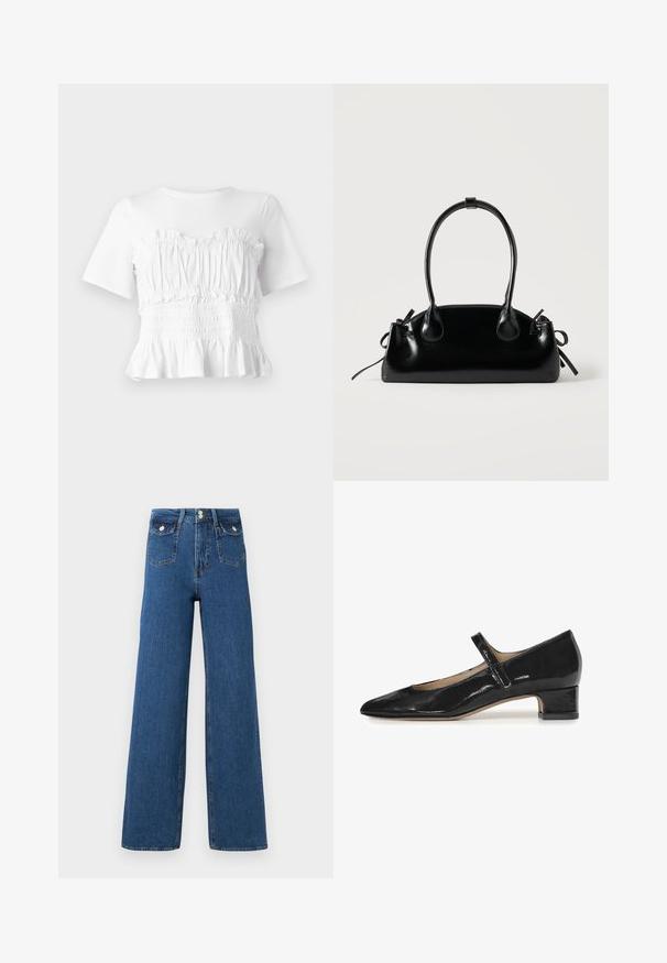 Top blanco de manga corta con un cuerpo fruncido y volante, y un dobladillo acampanado, que muestra un diseño texturizado y un color sólido.; Jeans de pierna ancha de mezclilla oscura. Cuenta con dos bolsillos frontales y un cierre de botón. Textura suave con costuras visibles y forma estructurada.; Zapato Mary Jane de charol negro con punta afilada y un tacón bajo en bloque. Presenta una única correa ajustable sobre el empeine.; Pequeño bolso negro brillante con dos asas largas y detalles de cordón lateral sobre un fondo claro liso.