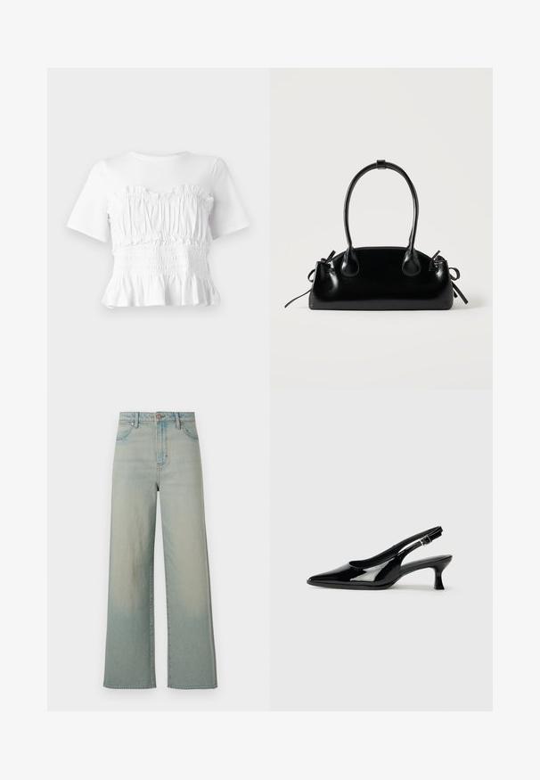 Witte top met korte mouwen, voorzien van een gerimpelde, smock-borstvoeding en een uitlopende zoom, met een gestructureerd ontwerp en een effen kleur.; Wrangler LOOSE STRAIGHT - Wijde jeans - silver lake; Zwarte lakleren slingback schoenen met een spitse neus en een lage blokhak. Verstelbare gespband bij de enkel.; Kleine zwarte glanzende handtas met twee lange hengsels en zijkant trekkoord details op een effen lichte achtergrond.