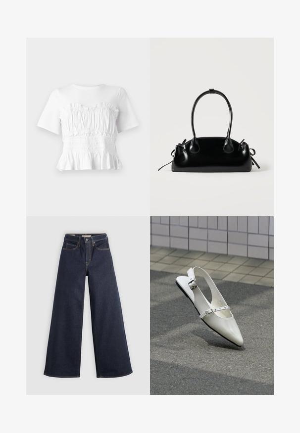 Hvid kortærmet top med en rynket, smocket bodice og en udskåret kant, der viser et tekstureret design og en ensfarvet farve.; Bredde ben denim jeans i mørkeblå med kontrastsyninger. Har det traditionelle fem-lomme design og en knaplukning ved taljen.; Hvid spids slingback flad sko med to sølvspænder, vist udendørs på tekstureret underlag og flisebelagt væg baggrund.; Lille sort blank håndtaske med to lange håndtag og snøre-detaljer i siden på en ensfarvet lys baggrund.