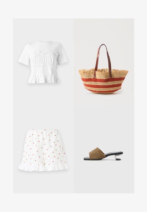 Top blanco de manga corta con un cuerpo fruncido y volante, y un dobladillo acampanado, que muestra un diseño texturizado y un color sólido.; Shorts blancos con pequeños estampados de fresas rojas por toda la prenda, con un dobladillo con volantes y cintura elástica para mayor comodidad. Hechos de una tela ligera.; Sandalia deslizante de tela marrón con un tacón metálico curvado y punta cuadrada. Presenta una textura suave y una amplia correa superior.; Bolso tote de paja tejida con rayas horizontales naranjas, borde superior con flecos y dos correas de hombro de cuero marrón.