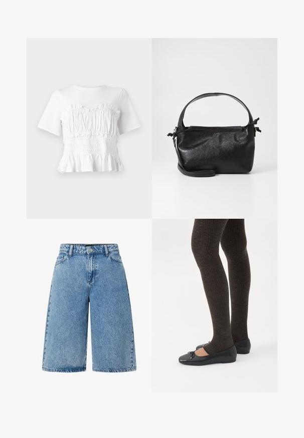 Hvid kortærmet top med en rynket, smocket bodice og en udskåret kant, der viser et tekstureret design og en ensfarvet farve.; Lysblå denimshorts med en bred skæring, standard fem-lomme design og et struktureret stof med en falmet finish.; Ben iført mørke ribbede leggings kombineret med sorte balletsko med små sløjfedetaljer på hvid baggrund.; Sort læderhåndtaske med et struktureret design, rund tophåndtag og aftagelig skulderrem. Den har en glat tekstur og en subtil glans.