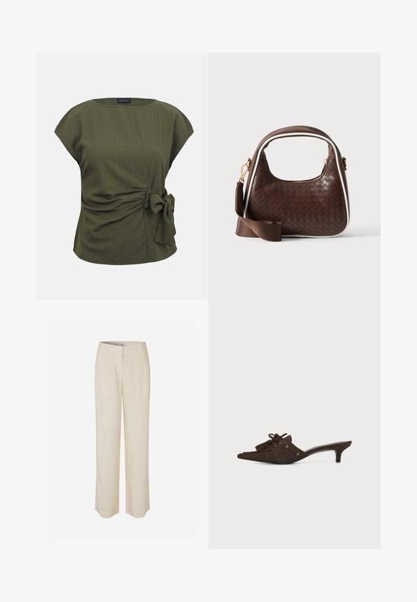 Blusa de manga corta color verde oliva con finas rayas verticales blancas y un detalle de nudo al costado en la cintura.; Pantalones de lino beige con diseño de pierna recta, que presentan una textura suave y un ligero brillo. Incluyen cinturilla y bolsillos frontales discretos.; Zueco puntiagudo de ante marrón oscuro con tacón bajo de tipo kitten, borlas decorativas y detalle de encaje sobre fondo blanco.; Bolso de mano de piel trenzada marrón con ribete blanco, cremallera dorada y correa de hombro de tela marrón desmontable.