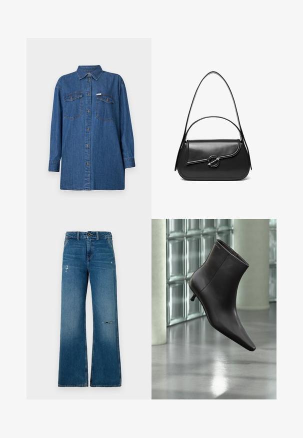 Denim shirt, lange mouwen, lichtblauw, twee borstzakken, knoopsluiting voor, klassieke kraag, textuurstof, relaxte pasvorm.; Blauwe denim wijde jeans met een vervaagde textuur, voorzien van twee versleten gedeelten aan de voorkant, een knoopsluiting en een vijf-pocket ontwerp.; Zwarte leren enkellaars met puntige neus en lage hak, afgebeeld tegen een glazen blokkenmuur en gepolijste vloer op de achtergrond.; Zwarte leren schoudertas met een gebogen klep die is bevestigd met een ronde metalen sluiting en een smalle, verstelbare band.