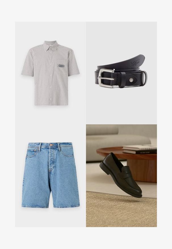 Kurzarmhemd mit Kragen im grau-weißen Karomuster. Verfügt über eine Brusttasche mit einem kontrastierenden Grafikdesign.; Helle Jeansshorts mit klassischer Passform, fünf Taschen und kontrastierenden Nähten. Mit Knopfverschluss und ausgefranstem Saum.; Schwarzer Lederloafer-Schuh schwebt über einem beige gewebten Teppich, mit einem Holztisch und gestapelten Büchern in einem sanft beleuchteten Wohnzimmer.; Schwarzer Ledergürtel mit silberner Metallschnalle, einem Druckknopf zur Verstellung und geprägtem Muster auf dem Leder. Gleichmäßige, glatte Textur.