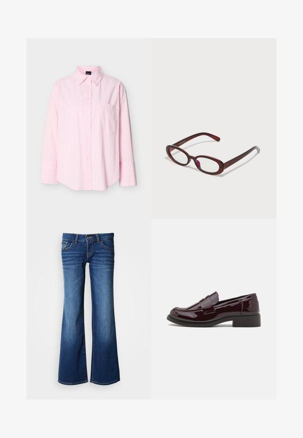 Lyserød langærmet skjorte med knapper, krave og en enkelt brystlomme, vist mod en ensfarvet baggrund.; Bukser af blå jeans i mørkeblå med udvidede ben. Har klassisk design med fem lommer, knaplukning og kontrastsyning. Glat tekstur.; Bordeaux patenterede læderslippers med en lav blokhæl, der har traditionel syning og en stropdetalje over forfoden.; Ovale røde solbriller med klare linser og slanke brune stel. Designet har subtile kurver og minimalt hardware.