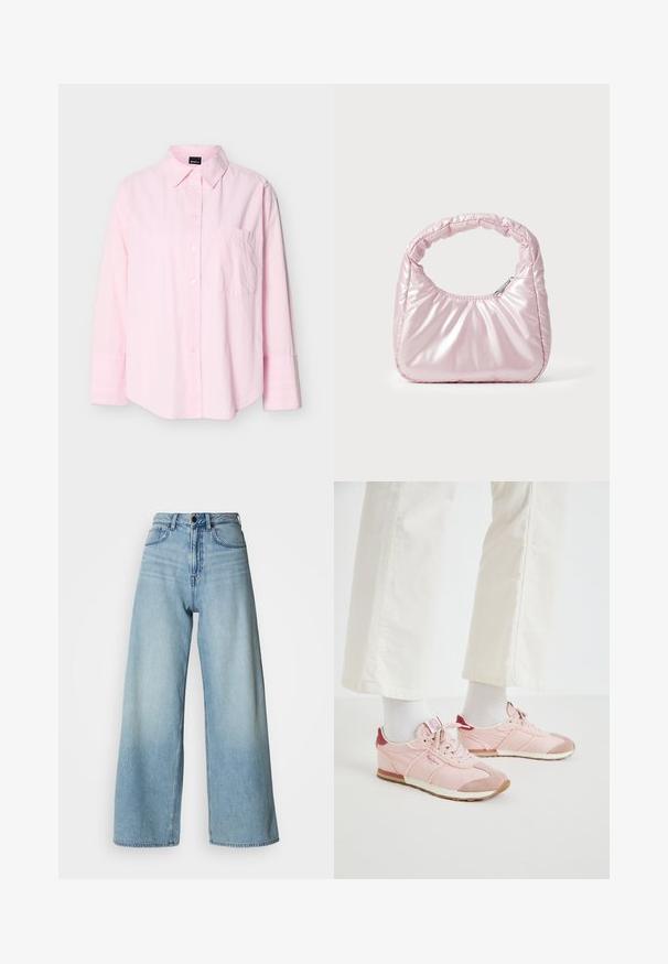 Lichtroze overhemd met lange mouwen, knopen en een kraag, met een enkele borstzak, getoond tegen een effen achtergrond.; Lichtblauwe, hooggetailleerde wijde jeans van denim, met een ontwerp van vijf zakken en subtiele vervaging voor textuur.; Roze sportchoenen met een combinatie van gladde en gestructureerde materialen. Kenmerken zijn een kastanjebruine accent bij de hak en een witte rubberen zool.; Roze, gevoerde handtas met een afgeronde vorm, gemaakt van glanzend materiaal. Beschikt over een geplooide handgreep en een ritssluiting voor veilige toegang.