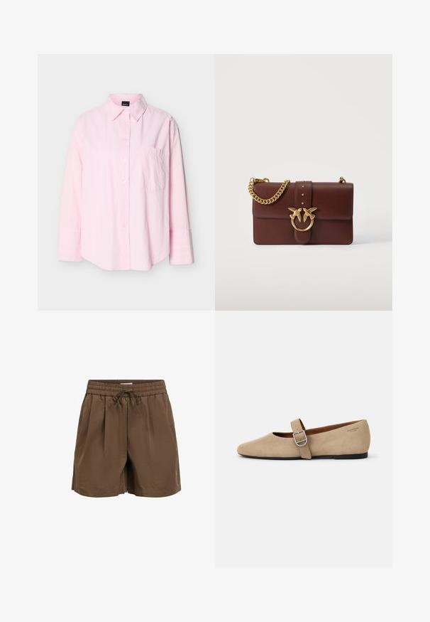 Lyserød langærmet skjorte med knapper, krave og en enkelt brystlomme, vist mod en ensfarvet baggrund.; Brune shorts med elastisk talje og snøre, plisseret front og en afslappet pasform designet til fritidsbrug.; Beige ruskind Mary Jane flade sko med spids tå og et enkelt justerbart strop med en sølv spænde. Sort flad sål.; Mørkebrun skuldertaske i læder med guldkæde som rem og en guldbeklædt dekorativ lukning med to fugle og små nitter på forsiden.