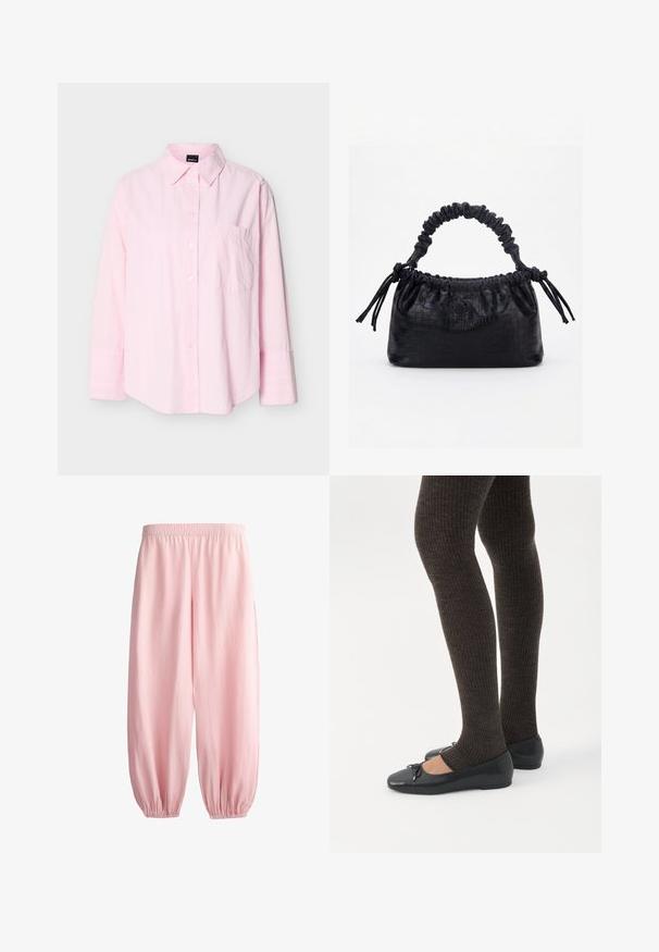 Chemise rose pâle à manches longues avec boutons, col et une seule poche poitrine, présentée sur un fond uni.; Pantalon ample rose clair avec taille élastique et bracelets élastiques aux chevilles sur fond blanc.; Jambes portant des leggings côtelés foncés associés à des ballerines noires avec de petits détails en nœud sur fond blanc.; Sac à main noir avec texture crocodile, bord supérieur froncé, poignée plissée et pompons à cordon de chaque côté sur fond blanc.