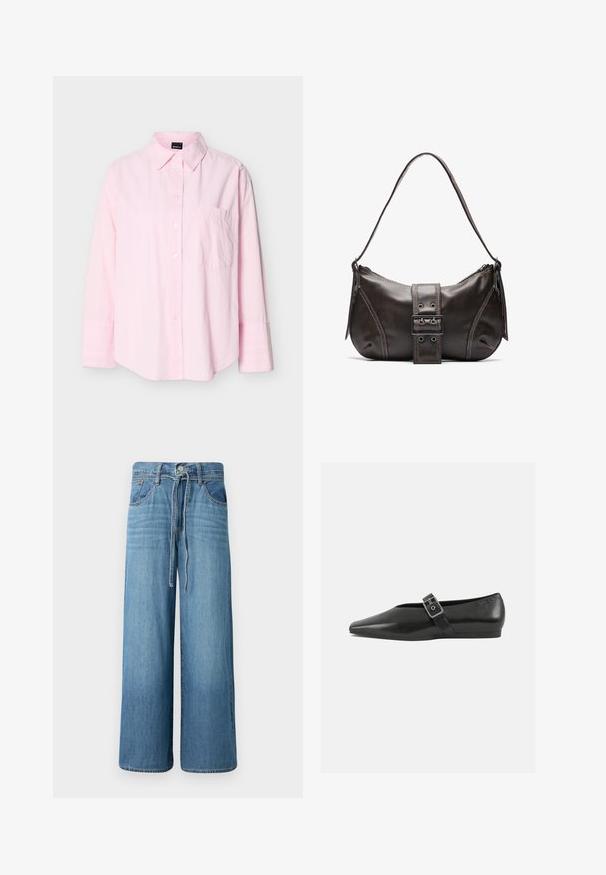 Lyserød langærmet skjorte med knapper, krave og en enkelt brystlomme, vist mod en ensfarvet baggrund.; Bredde ben jeans i lys blå denim. Har en knappelukning med snor i taljen, fem lommer og en let falmet finish.; Sorte læder flade sko med spidse tæer, prydet med en metallisk spænde over vristen og en lav, fleksibel sål.; Brun læder skuldertaske med en buet form, der har et fremtrædende spænde, kontrasterende syninger og en enkelt skulderrem.