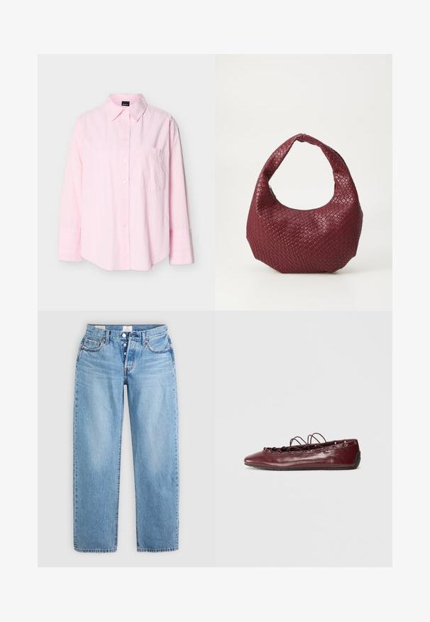 Lyserød langærmet skjorte med knapper, krave og en enkelt brystlomme, vist mod en ensfarvet baggrund.; Lysblå denim jeans med lige snit, fem lommer og knaplukning. Har syet detaljer og en ren kant.; Burgundy læder balletflade med spids tå, snøredetaljer foran, og sølvøjer. Blød sål for fleksibilitet og komfort.; Vævet bordeaux håndtaske med en rund silhuet, et enkelt håndtag og en tekstureret overflade. Lynlåslukning øverst.