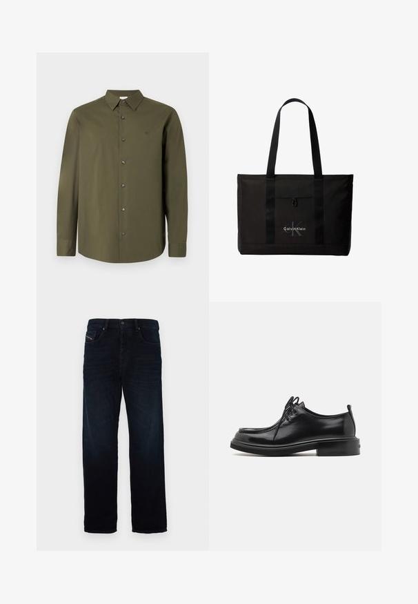 Chemise à manches longues vert olive foncé avec col pointu, boutons noirs et un logo discret sur la poitrine. Texture de tissu lisse et unie.; Jean en denim bleu marine avec une coupe droite, dotés d'une poche avant et d'une fermeture à bouton. Le tissu a une texture lisse et un éclat subtil.; Calvin Klein LACE UP APRON BRUSH OFF - Derbies - black; Sac cabas noir Calvin Klein avec deux longues poignées et une poche avant, avec le logo de la marque en blanc et gris.
