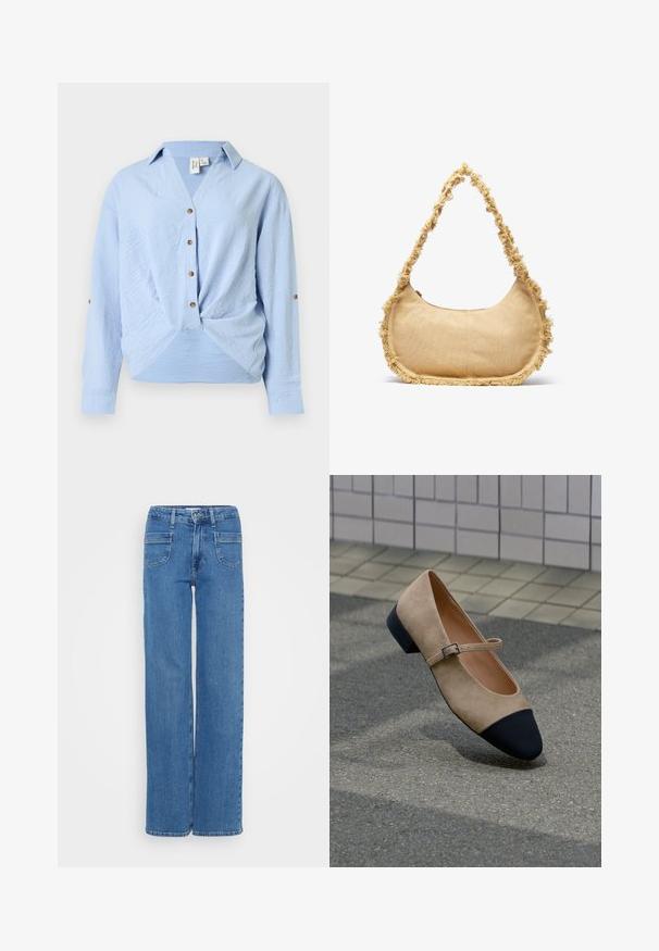 Hele sinine pikkade varrukatega pluus V-kaelusega, ees nupud, pöördsääre detail ja varrukatel nupuavad ülesrullimiseks.; Laiad sinised denim püksid, millel on kõrge vöökoht, viie tasku disain ja nähtavad õmblused õmblustel. Sile tekstuur, klassikaline viimistlus.; Beežid seemisnahast Mary Jane stiilis kingad musta ümmarguse ninaosaga ja väikese paelaga, mis on välja pandud sillutisel õues.; Tekstuuriga beez kott, ümar kuju, narmastega ääred ja lühike rihm kaasas kandmiseks. Ülemine lukuga ava.