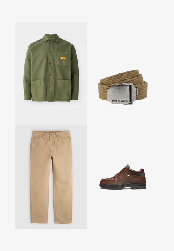 Olivgrüne Jacke aus schwerem Baumwollmaterial, mit spitzem Kragen, Knöpfen auf der Vorderseite und zwei großen aufgesetzten Taschen. Mit einem kleinen Logo-Patch versehen.; Beige lässige Hose mit geradem Bein, mit Fronttaschen, Gürtelschlaufen und Knopfverschluss, flach auf hellem Hintergrund präsentiert.; Braunes Leder-Schuhwerk mit klassischem Design, ausgestattet mit einer Schnürung, grünen Akzenten und einer robusten schwarzen Gummi-Sohle. GORE-TEX®-Label sichtbar.; Hellbrauner gewebter Stoffgürtel, zusammengerollt, mit einer rechteckigen silbernen Metallschnalle, auf der "PME LEGEND" eingraviert ist.