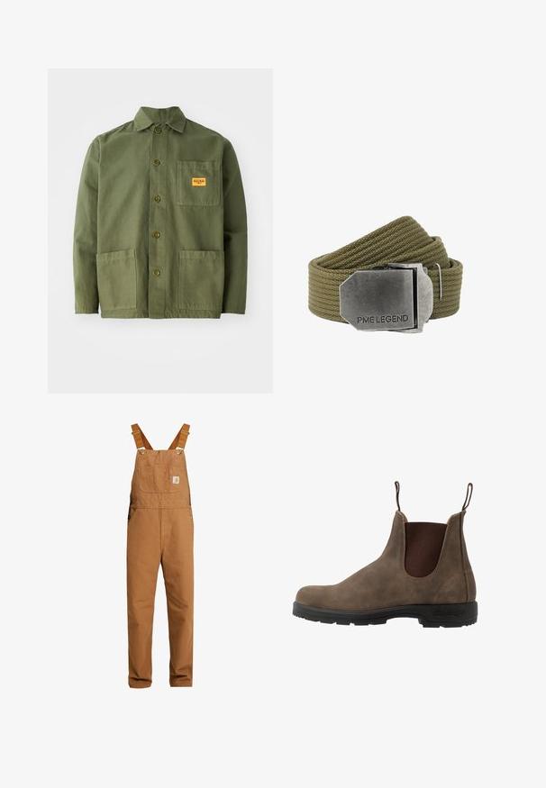 Oliven grøn jakke lavet af tung bomuld, med en spids krave, frontknapper og to store påsætningslommer. Inkluderer et lille logo patch.; Carhartt WIP BIB OVERALL DEARBORN CANVAS - Overall /Buksedragter - hamilton brown rinsed; Brune læder chelsea-støvle med elastiske sidepanelen, trækflapper og en sort gummisål med et struktureret slidbane for bedre greb.; Olivengrønt vævet stofbælte med en stor rektangulær børstet metal spænde indgraveret med "PME LEGEND."