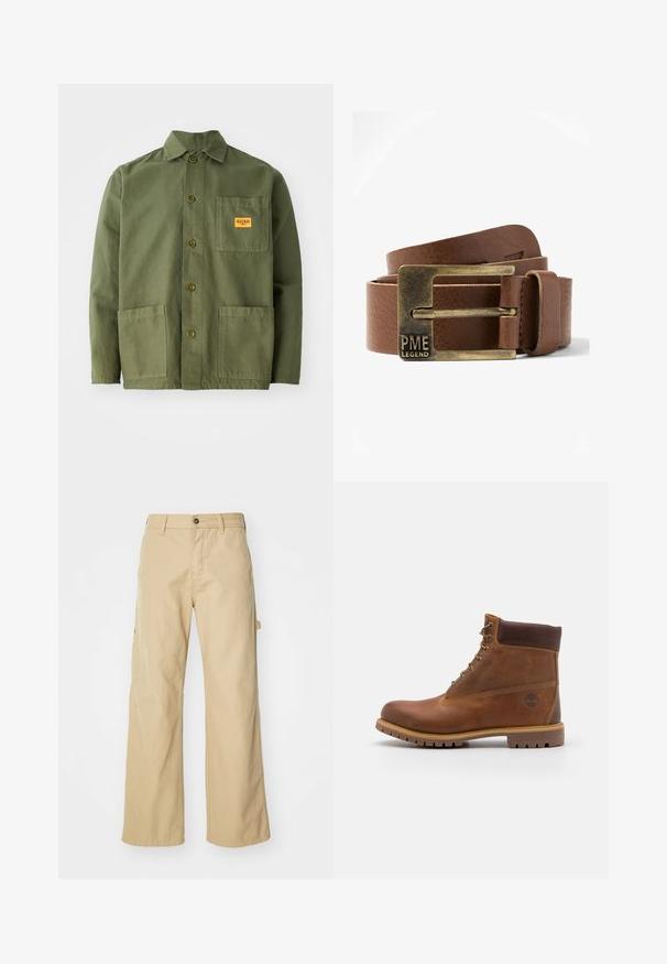 Olijfgroen jack gemaakt van zware katoen, met een puntige kraag, knopen aan de voorkant en twee grote opgestikte zakken. Inclusief een klein logo-opdruk.; Beige wijde cargo broek met een knoopsluiting, voorzien van zijzakken, gemaakt van stevig katoen, met een soepele textuur en een recht gesneden ontwerp.; Bruine leren wandelschoen met een gladde afwerking, gevoerde enkel, metalen oogjes en een rubberen zool met een robuust profiel.; Bruine leren riem opgerold met een verouderde messing rechthoekige gesp, gegraveerd met "PME LEGEND" op een witte achtergrond.
