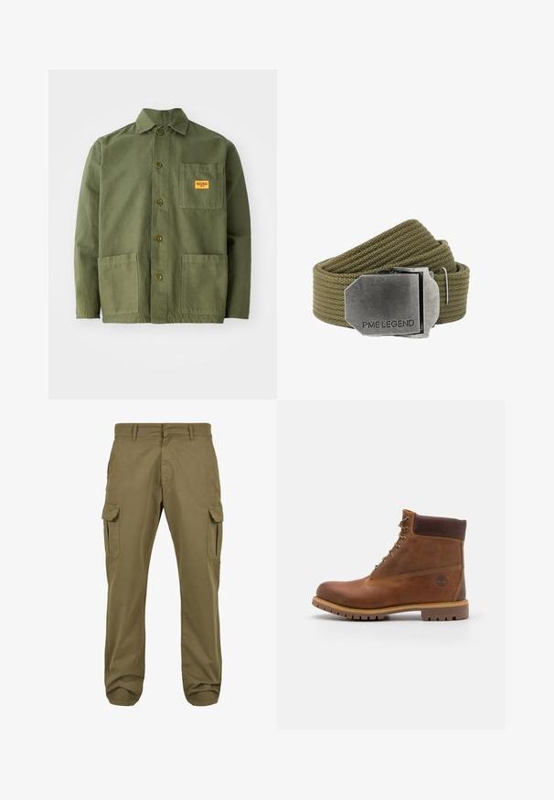 Veste verte olive en coton épais, avec un col pointu, des boutons à l'avant et deux grandes poches plaquées. Comprend un petit patch avec un logo.; Pantalons cargo verts avec une coupe droite, en coton, dotés de poches latérales et d'une fermeture à bouton pour plus de fonctionnalité. Texture lisse, design décontracté.; Botte de randonnée en cuir marron avec une finition lisse, cheville rembourrée, œillets en métal et semelle en caoutchouc dotée d'un motif de crampons robuste.; Ceinture en tissu tissé vert olive avec une grande boucle rectangulaire en métal brossé gravée de "PME LEGEND".