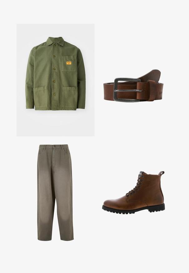 Olivovo zelená bunda vyrobená z hrubej bavlny, s špicatým golierom, prednými gombíkmi a dvoma veľkými našitými vreckami. Obsahuje malú nášivku s logom.; Svetlozelené nohavice širokého strihu vyrobené z jemného materiálu. Obsahujú zapínanie na gombík, predné vrecká a hladkú celkovú textúru.; Hnedé kožené členkové topánky s textúrovaným povrchom, kovovými očkami a čiernou gumovou podrážkou s výrazným dezénom. Obsahujú pútko na zadnej strane pre jednoduchšie obúvanie.; Hnedý kožený opasok s kartáčovou kovovou sponou, má hladkú textúru a klasický dizajn. Pás sa na konci zužuje.