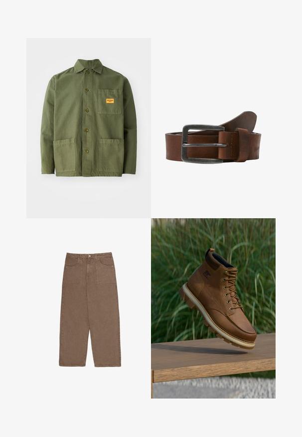 Veste verte olive en coton épais, avec un col pointu, des boutons à l'avant et deux grandes poches plaquées. Comprend un petit patch avec un logo.; Pantalons larges marron en coton, dotés de deux poches avant et d'une fermeture à bouton. Le tissu a une texture douce et une finition mate.; Botte de randonnée Sorel en cuir marron avec une semelle à crampons épaisse flottant au-dessus d'une surface en bois, avec de l'herbe verte en arrière-plan.; Ceinture en cuir marron avec une boucle en métal brossé, elle présente une texture lisse et un design classique. La sangle s'amincit vers l'extrémité.