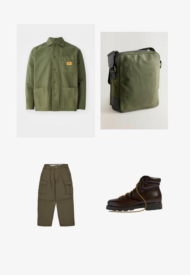 Oliven grøn jakke lavet af tung bomuld, med en spids krave, frontknapper og to store påsætningslommer. Inkluderer et lille logo patch.; Olivengrønne cargobukser med knap- og lynlåslukning, bæltestropper og to store klaplommer på lårene.; Brun læder vandrestøvle med en afrundet tå, tekstureret overflade, gule snørebånd og metaløjer. Har en robust sort gummisål.; Oliven grøn kanvas crossbody taske med lynlås, sorte læderdetaljer, rektangulær form og justerbar strop. Glat tekstur.