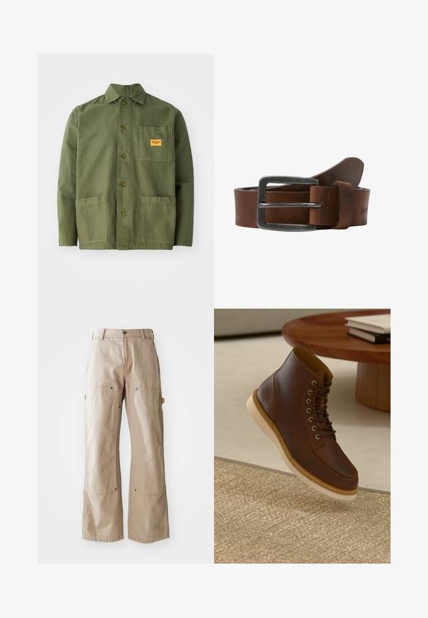 Oliven grøn jakke lavet af tung bomuld, med en spids krave, frontknapper og to store påsætningslommer. Inkluderer et lille logo patch.; Beige vide bukser lavet af slidstærkt bomuldsstof. Har for- og sidelommer, synlig syning og metaldetaljer ved lommerne.; Brune læderankelstøvle med beige sål på et struktureret beige tæppe ved siden af et rundt træbord med stakke af bøger.; Brun læderbælte med en børstet metalspænde, har en glat tekstur og et klassisk design. Remmen bliver smallere mod enden.