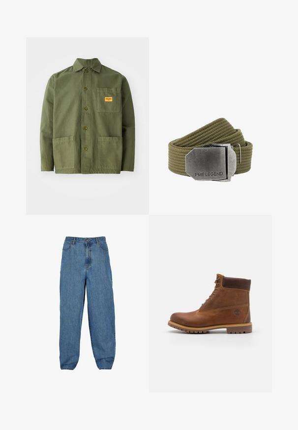 Veste verte olive en coton épais, avec un col pointu, des boutons à l'avant et deux grandes poches plaquées. Comprend un petit patch avec un logo.; Pantalon en denim bleu clair avec une taille haute, un design à jambes larges, style cinq poches et une fermeture à bouton et à glissière.; Botte de randonnée en cuir marron avec une finition lisse, cheville rembourrée, œillets en métal et semelle en caoutchouc dotée d'un motif de crampons robuste.; Ceinture en tissu tissé vert olive avec une grande boucle rectangulaire en métal brossé gravée de "PME LEGEND".