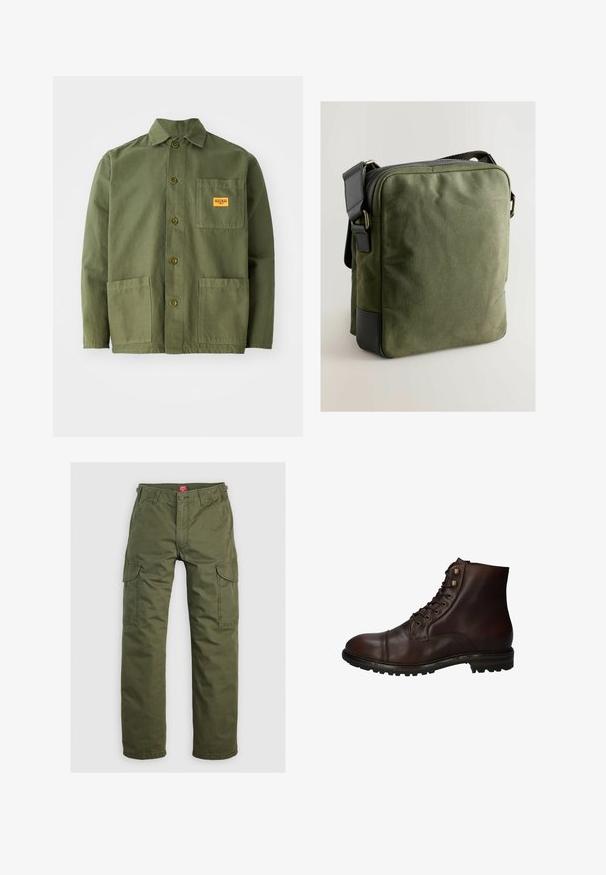 Olivgrüne Jacke aus schwerem Baumwollmaterial, mit spitzem Kragen, Knöpfen auf der Vorderseite und zwei großen aufgesetzten Taschen. Mit einem kleinen Logo-Patch versehen.; Olivgrüne Cargo-Hosen aus strapazierfähigem Material, mit Seitentaschen, Knopfverschluss und geradem Bein.; Dunkelbraune Leder Schnürstiefelette mit robustem Gummisohlen und Metallösen, von der Außenseite betrachtet.; Olivgrüne Canvas-Crossbody-Tasche mit einem Reißverschluss, schwarzen Lederelementen, rechteckiger Form und verstellbarem Trageriemen. Glatte Textur.