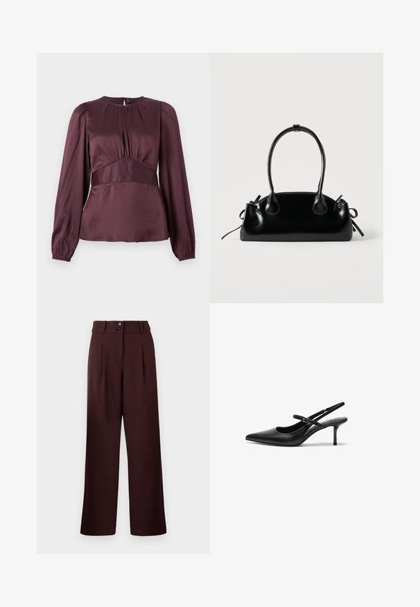 Blouse bordeaux à manches longues avec un col rond, détails froncés au niveau de la poitrine et taille cintrée. Texture lisse avec des poignets élastiques.; Pantalons évasés en bordeaux foncé, avec une taille haute, deux plis à l'avant et une fermeture à deux boutons. Fabriqués en tissu texturé.; Talons aiguilles noires en cuir avec un bout pointu, une fine bride réglable, et un talon aiguille d'environ 5 cm, texture lisse.; Petit sac à main noir brillant avec deux longues anses et des détails à cordon sur les côtés sur un fond clair uni.