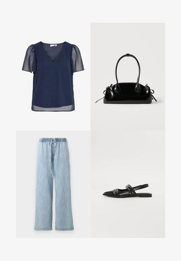 Blouse pour femme bleu marine avec col en V, manches courtes bouffantes transparentes et tissu léger offrant une apparence fluide et semi-transparente.; Pantalon large en denim bleu clair avec taille élastique et cordon de serrage, poches avant et coupe décontractée.; Even&Odd by Zalando Ballerines à brides arrière - black; Petit sac à main noir brillant avec deux longues anses et des détails à cordon sur les côtés sur un fond clair uni.
