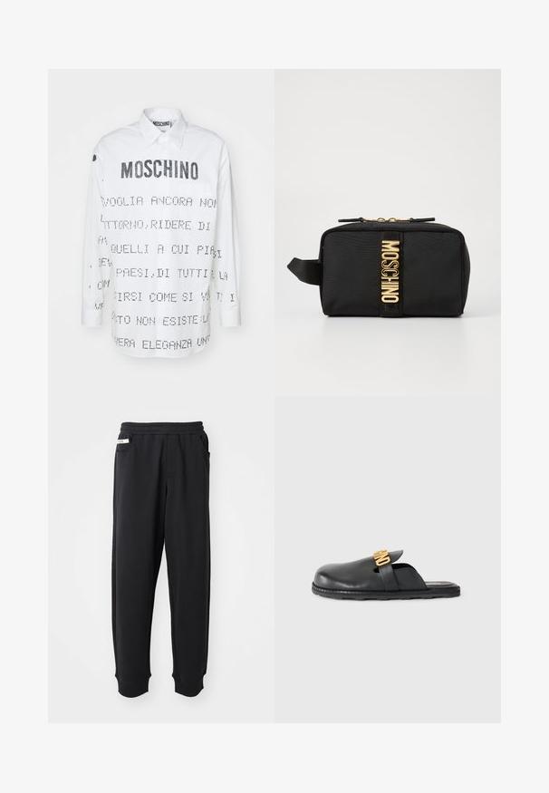 Hvid skjorte med lange ærmer og spidse krave, der har sort tekst og grafiske designs trykt på for- og bagside. Knappelukning.; Sorte sweatpants lavet af blødt stof, med elastisk talje, sidelommer og ribbede manchetter ved anklerne. Minimalistisk design.; Sort slip-on læder mule med en guldfarvet dekorativ remdetalje og en lav, tekstureret gummisål på en neutral baggrund.; Sort stof kosmetikpose med rektangulær form, guld "MOSCHINO" logo, lynlås lukning og en sideløkke til nem håndtering.
