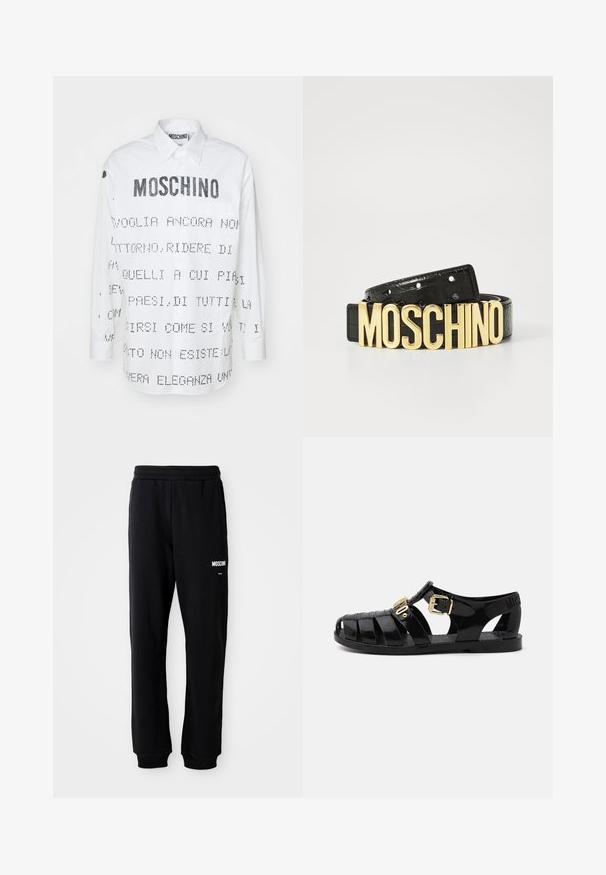 Hvid skjorte med lange ærmer og spidse krave, der har sort tekst og grafiske designs trykt på for- og bagside. Knappelukning.; Sorte sweatpants med en afslappet pasform, lavet af blødt stof. Har en elastisk talje og hvidt "Moschino" logo på venstre lår.; Svarte gummisandaler med udskæringsdesign, der har en gylden spænde-lukning og en tekstureret indersål. Præget logo på hælen.; Sorte læderbælte med en krokodilletekstur og et stort guld "MOSCHINO" logo som spænde. Har flere justeringshuller.