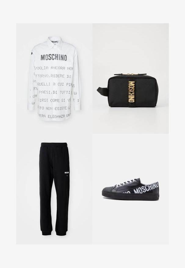 Hvid skjorte med lange ærmer og spidse krave, der har sort tekst og grafiske designs trykt på for- og bagside. Knappelukning.; Sorte sweatpants med en afslappet pasform, lavet af blødt stof. Har en elastisk talje og hvidt "Moschino" logo på venstre lår.; Sort lavtop sneaker med hvide snørebånd og fed hvid "MOSCHINO" tekst, der vikler sig rundt om hælen og siden.; Sort stof kosmetikpose med rektangulær form, guld "MOSCHINO" logo, lynlås lukning og en sideløkke til nem håndtering.