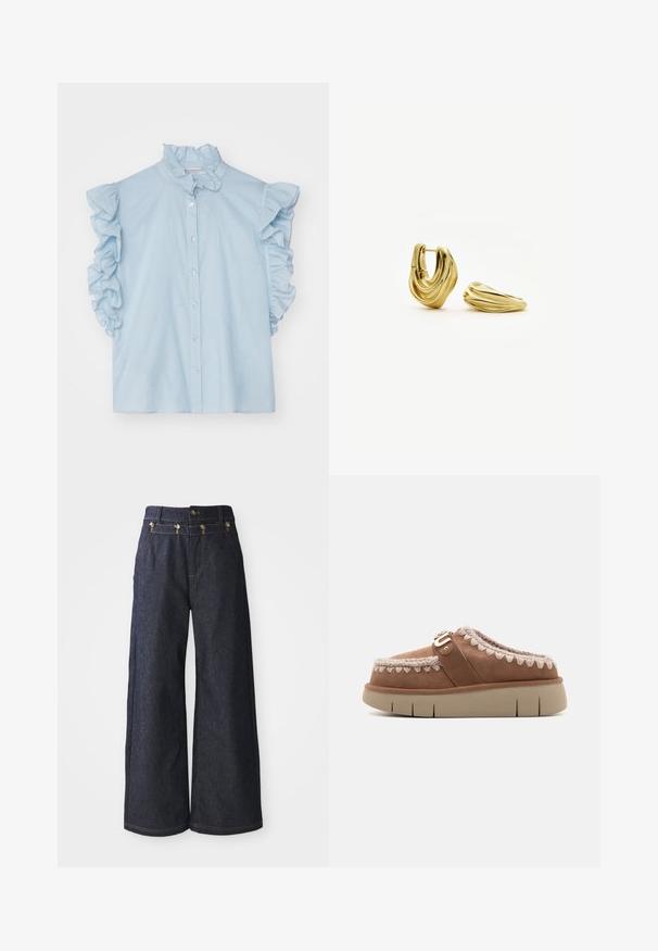 Lichtblauwe blouse met rimpelige korte mouwen, een mandarinnekraag en een sluiting met grote knopen aan de voorkant. Lichtgewicht stof met een soepele textuur.; Wijde jeans van donkerdenim, met een hoge taille, dubbele knoopsluiting en contrasterende stiksels langs de naden.; Bruine leren instapper met een beige rubberen zool, contrasterend gevlochten detail op de bovenkant en een decoratieve gesp-accent.; Paar goudkleurige oorringen met een gedraaid, gesculpteerd ontwerp, één rechtopstaand en de ander liggend op een witte achtergrond.
