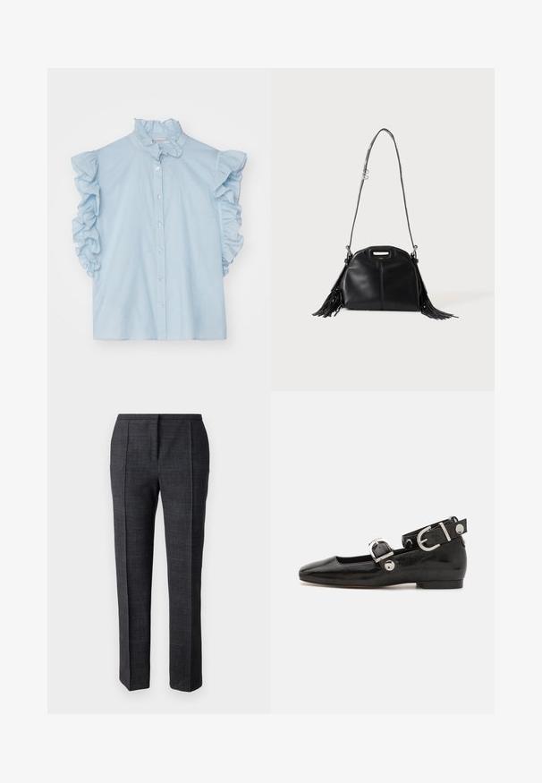 Blusa azul clara con mangas cortas con volantes, cuello mandarín y cierre frontal de botones. Tejido ligero con una textura suave.; Pantalones tailoring de color gris oscuro, confeccionados en tejido texturizado, con pliegues laterales, pernera recta y una cinturilla limpia sin herrajes visibles.; Zapato plano de charol negro con punta cuadrada, correa de tobillo con herrajes de plata y suela plana. Textura suave con diseño minimalista.; Bolso de mano de cuero negro con larga correa para el hombro, pequeño asa superior y flecos en ambos lados, mostrado sobre un fondo liso.