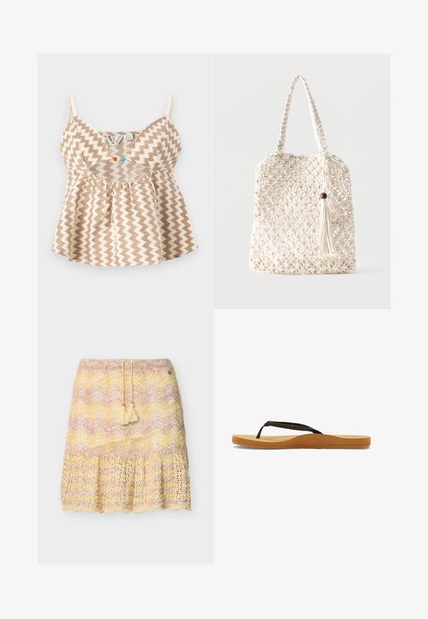 Beige en bruin zigzagpatroon mouwloos topje met dunne bandjes en kleine gekleurde kraaltjes aan de voorzijde van de halslijn.; Knie-lange gehaakte rok met geschulpte zoom in pastelroze, geel en beige tinten, met een taillekoord met kwastjes.; Bruine gevlochten slefklap sandalen met een zachte zool en een tan voetbed, met een afgerond ontwerp en een getextureerde rubberen buitenzool voor grip.; Witte geweven katoenen draagtas met gevlochten handvatten en een hangende kwast met een houten kraaldetail.