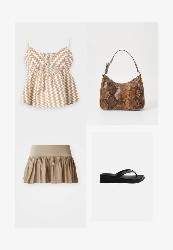 Beige og brun zigzag-mønstret ærmeløs top med tynde stropper og små farverige perler ved frontudskæringen.; Beige bomuldsnederdel med en rynket kant, der har et bredt elastisk taljebånd. Let materiale med en blød tekstur og afslappet design.; Sort kileformet flip-flop sandal med tekstureret fodseng og tynde stropper med diskret branding på en ensfarvet hvid baggrund.; Lille håndtaske med brun og sort slangeskinn mønster, kort justerbar rem og lynlåslukning.