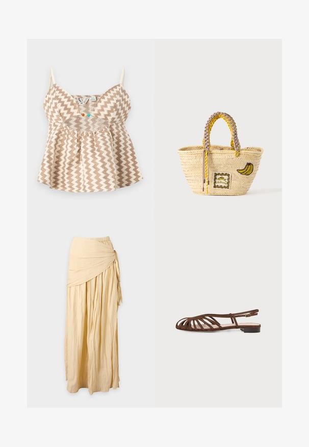 Top sans manches beige et marron à motif zigzag avec fines bretelles et petites perles colorées à l'encolure avant.; Longue jupe beige avec tissu froncé et détail de nœud torsadé sur le côté droit, présentée sur un fond uni.; Sandale plate marron avec plusieurs fines lanières et une petite boucle à la cheville sur un fond clair.; Sac cabas en paille tissée avec des anses tressées jaunes et beige, décoré d'un patch banane et d'un petit motif poisson encadré à l'avant.