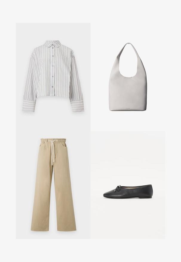 Langärmliges cropped Shirt mit braun-weißen vertikalen Streifen, Knopfleiste vorne, Kragen und Brusttasche.; Beige weit geschnittene Hose aus Baumwolle mit elastischem Bund und Kordelzug. Verfügt über zwei Seitentaschen und eine glatte Textur.; Schwarze Leder-Ballerinas mit runder Zehenpartie und dekorativem Schleifchen. Das Design zeichnet sich durch eine glatte Textur und einen niedrigen, flachen Absatz aus.; Weiße Ledertasche mit einem einzigen Schulterriemen, weicher Textur und diskretem Calvin Klein-Logo nahe der unteren Mitte.
