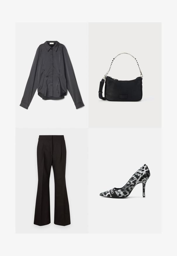 Sara Battaglia PUFF SLEEVE - Overhemdblouse - black; Zwarte flared broeken met een gladde textuur, voorzien van een hoge taille, zijzakken en voorplooien voor extra ontwerpelementen.; Zwart-witte leopardprint pump met hoge hak, puntige neus en een zwarte band aan de voorkant op een effen lichte achtergrond.; Zwarte schoudertas van stof met een bovenste ritssluiting, ketting- en leren riem, en een tekstuur vooraan met een logopatch. Heeft een gladde buitenkant.