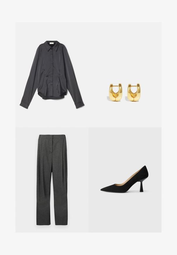 Sara Battaglia PUFF SLEEVE - Skjortebluser - black; Grå skræddersyede bukser lavet af vævet stof, med lige ben, frontfolder og en glat tekstur.; Sorte ruskinds højhælede pumps med spids tå, der har en blank sort blokhæl og en glat indvendig foring.; Guld hoops øreringe med et slankt, afrundet design. Har en hul midte og en blank overflade, der komplementerer moderne stilarter.