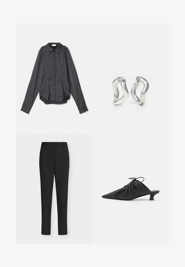 Sara Battaglia PUFF SLEEVE - Skjortebluser - black; Sorte, tætsiddende bukser med bæltestropper, forlynlås og lige ben, vist mod en hvid baggrund.; Sorte læder slip-on mules med spids tå, samlet tekstur og en lille kitten heel. Har en snor-detalje ved åbningen.; Sølv øreringe i hoop-design med snoet mønster. Runde kanter og blank finish. Åbne lukninger for nem brug. Glat tekstur over det hele.