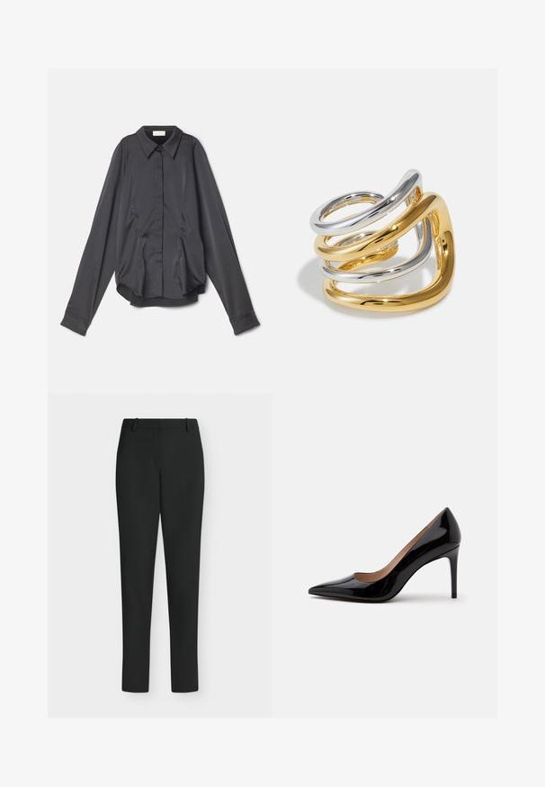 Sara Battaglia PUFF SLEEVE - Hemdbluse - black; Schwarze Slim-Fit-Hose mit Gürtelschlaufen, Frontreißverschluss und geraden Beinen, vor weißem Hintergrund präsentiert.; Schwarzer Lackleder-Pumps mit hohem Absatz, spitzer Schuhspitze und Stilettabsatz, seitlich auf einem schlichten weißen Hintergrund dargestellt.; Metallring mit verflochtenen Strängen in poliertem Silber- und Goldton, mit glatten, geschwungenen Formen und glänzender Oberfläche.