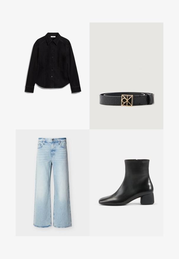 Sort denimskjorte med spidse kraver, knaplukning og lange ærmer med knapmanchetter. Sidelommer er synlige.; Lyseblå højtaljede viddeben jeans med forlommer, bæltestropper og knaplukning.; Sort læderankelstøvle med afrundet firkantet tå, sidelås og chunky lav hæl på ensfarvet lys baggrund.; Sort læderbælte med præget diamantmønster, der har en firkantet guldfarvet spænde. Glat finish, justerbar længde.