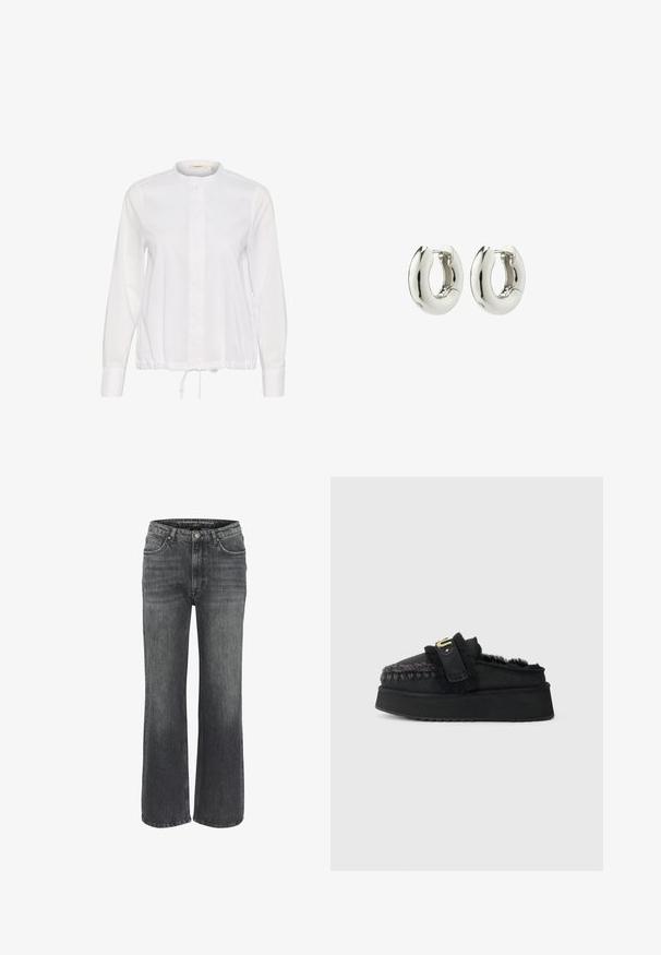 Weißes Langarmshirt mit Rundhalsausschnitt, Knöpfen vorne und einem Kordelzug am Saum zur Anpassung. Glatte Stoffstruktur.; Weite Jeans aus dunkelgrauem Denim mit klassischem Fünf-Taschen-Design, genähten Details und einem Knopfverschluss an der Taille.; Schwarze Slipper mit einer chunky Plattform, die mit einem Kunstfellbesatz, geflochtenen Nähten und einem goldfarbenen Schnallenakzent am Riemen ausgestattet sind.; Silberne Creolen mit einem glatten, runden Design und glänzender Oberfläche. Verfügt über einen einfachen Scharnierverschluss für ein leichtes Tragen.