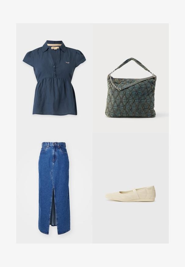Damesblouse in marineblauw met korte mouwen, een kraag, drie knopen aan de voorkant en een klein geborduurd logo op de borst.; Denim maxi rok in medium blauw met een voorste split, hoge taille en klassiek vijf-pocket ontwerp. Geweldige contraststiksels en een ritsluiting.; Beige ballerina's met een gladde leren buitenkant, amandelvormige punt en elastische band over de wreef, met subtiele stiksels.; Donzen denim schoudertas in donkerblauw, met een kettinghengsel en een subtiel diamantpatroon met contrasterende stiksels.