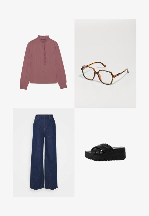 Langærmet bluse i mauve med rynket krave og knaplukning foran. Fremstillet af letvægtsstof med plisserede ærmer.; Høj talje, vid ben, mørkeblå denim jeans med for- og baglommer, knaplukning og synlige syninger.; Sorte platform sandaler med krydset remme lavet af glat læder, der har en tykkere struktureret sål og en let afrundet tå.; Skildpaddebriller med en firkantet ramme, der har klare linser og et struktureret mønster. Stængerne har et tyndt, strømlinet design.