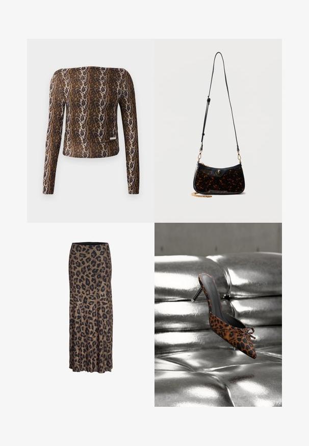 Lange mouwen cropped top met luipaardprint, met een gladde textuur, een bruin en zwart kleurenpalet en een subtiele logo-accent aan de zoom.; Leopardprint rok in bruin en zwart, met een vloeiende vormgeving en een subtiele ruffle zoom, gemaakt van lichte, zachte stof.; Leopardprint mule met hoge hak en spitse neus, versierd met een klein strikje, rustend op een glanzend zilveren getufte ondergrond.; Kleine schoudertas met verstelbare zwarte band, glanzend donker schildpadkleurig lichaam, gouden kettingdetail en ronde gouden embleem aan de voorkant.