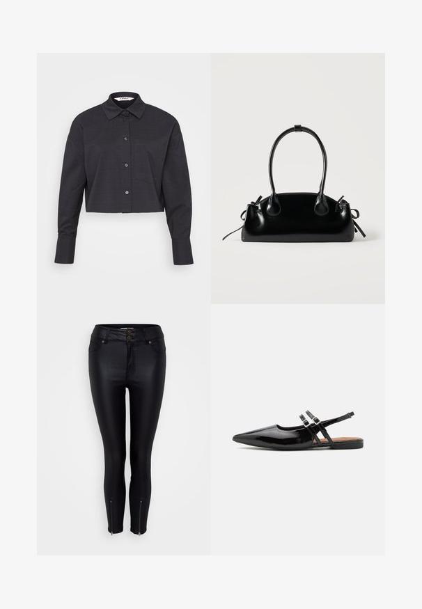 Geknipte zwarte geblokte blouse gemaakt van geweven stof, met een knoopsluiting aan de voorkant, lange mouwen en een borstzak.; Zwarte skinny jeans met een glanzende faux leren afwerking, twee voorkzakken, dubbele knoopsluiting en ritssluitingen bij de enkels voor detail.; Zwarte gepatineerde leren slingback schoenen hebben een spitse neus, twee banden met gespsieraden en een platte zool.; Kleine zwarte glanzende handtas met twee lange hengsels en zijkant trekkoord details op een effen lichte achtergrond.